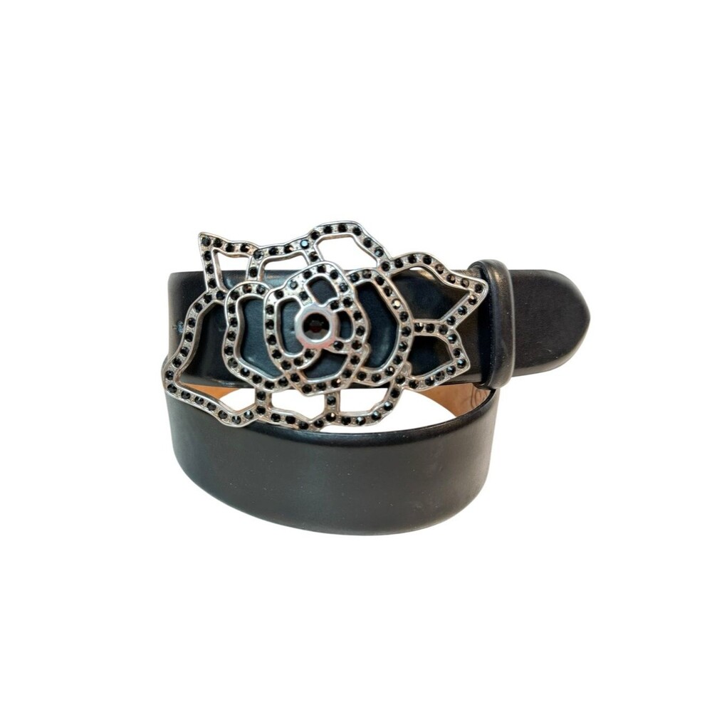 Carlisle Black Leather Belt Sz M Rose Cutout Silver Buckle Black Rhinestones